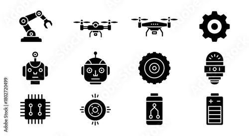 Silhouette robotics and technology icons featuring drones, gears, robots, and battery