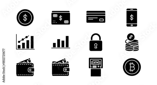 Financial silhouette icons: currency, wallets, cards, security, and cryptocurrency