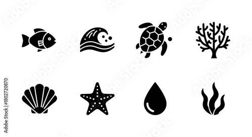 Silhouette sea life icons set: fish, wave, turtle, coral, shell, starfish, water drop, seaweed
