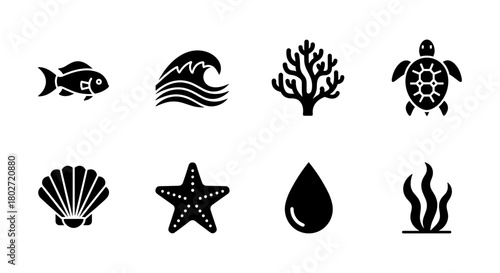 Ocean life icons set: aquatic silhouettes featuring marine creatures and elements