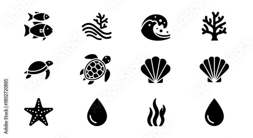 Marine silhouette icons featuring sea life, waves, coral, and shells
