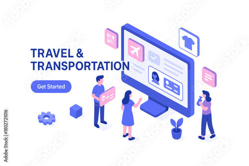 Isometric online travel booking concept with people and devices