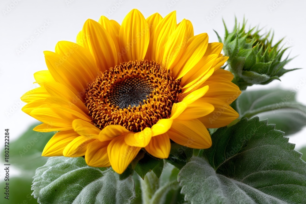 Obraz premium Sunflower blooming with bud growth against white background