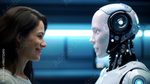 Woman interacting with robot in futuristic setting, showcasing human-robot communication and connection, emphasizing advancements in technology.