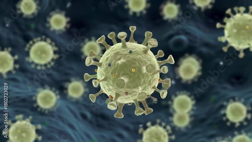 Viruses under microscope revealing intricate structures and patterns. Viruses appear as detailed spherical forms with spikes, illustrating their unique characteristics.