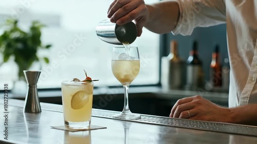 Refreshing cocktails poured at a stylish bar with bartender serving drinks in elegant glasses.