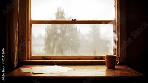 Cozy scene with steaming coffee by window on rainy day. Relaxing indoor atmosphere includes blurred greenery outside and warm wooden table. 