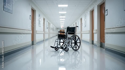 Empty hospital corridor with wheelchair waiting for service and assistance. Brightly lit hallway features shiny floors and closed patient room doors along both sides