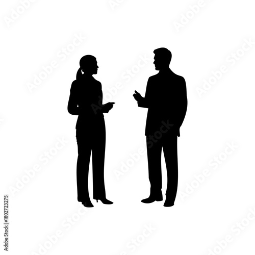Silhouette of a woman holding a card and a man gesturing during a conversation on a white background