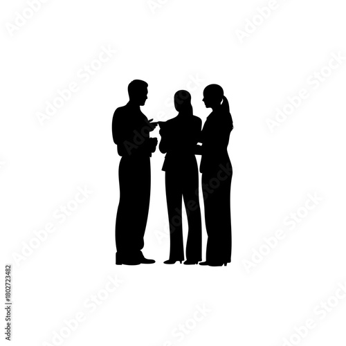 Silhouette of three business people in discussion with one pointing at something in the middle person hands