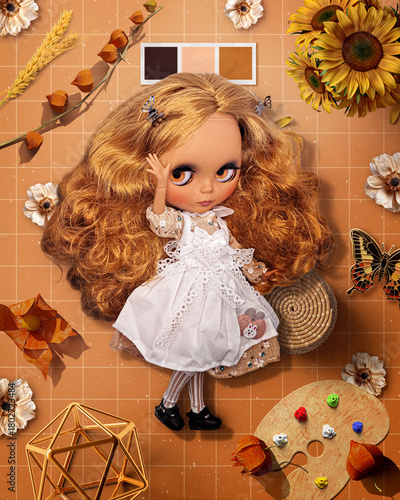 Cute Blythe Doll Bohemian Aesthetic Moodboard – BJD Doll in White Lace Dress with Sunflowers and Terracotta Vibes