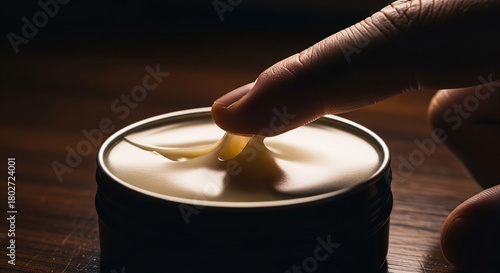 Moody close-up of a finger touching the texture of hair pomade or beard balm in a metal tin. Concept for men's grooming, artisanal skincare, and a tactile beauty routine on a dark wood background.