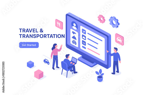 Digital travel and transportation services in isometric design with online booking interface
