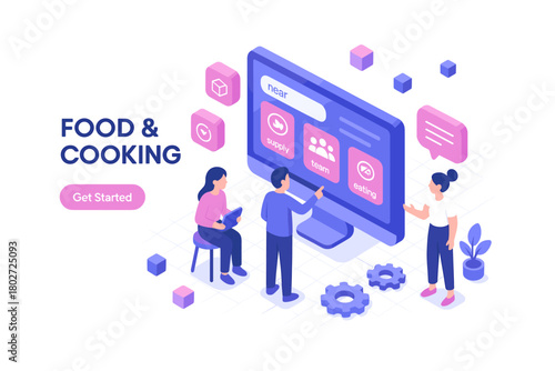 Collaborative cooking software interface in modern isometric design for food enthusiasts
