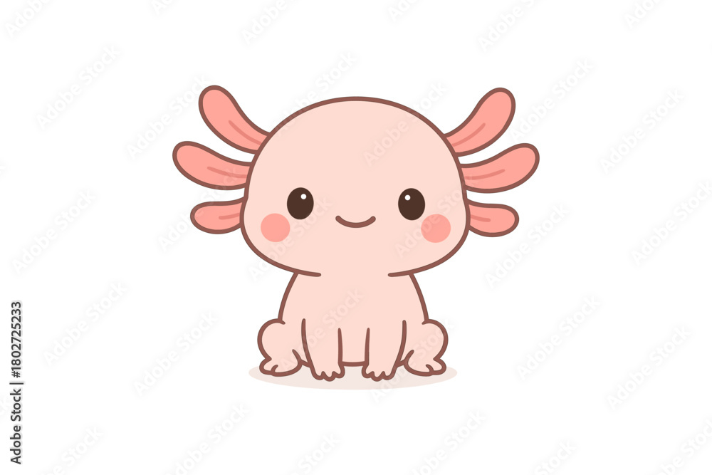 Fototapeta premium Cute axolotl drawing with smiling face and pink details on white background