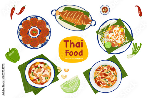 Colorful top-view Thai food vector set Popular Dishes featuring fried fish, spicy patties, stir-fried dishes, noodles, and fresh ingredients. Perfect for menu design, posters, and food illustrations.