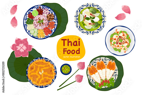 Elegant Thai food vector set featuring elements with lotus decorations, classic dishes, herbs, and colorful ingredients. Ideal for menu design, packaging, posters, and cultural illustrations.