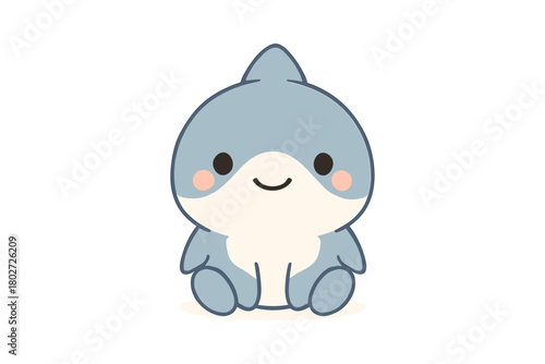 Cute cartoon baby shark with round cheeks and happy smile in kawaii style on white background