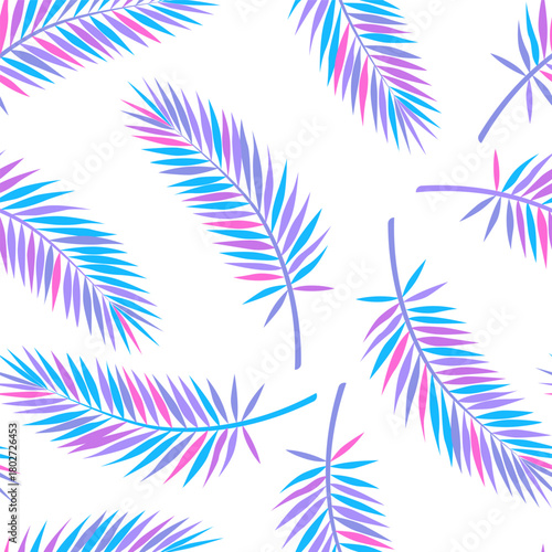 Palm leaves pattern repeating seamlessly in vibrant neon colors: pink, purple, blue. Bright tropical summer foliage on white background vector design. Perfect for 80s retro party, swimwear.