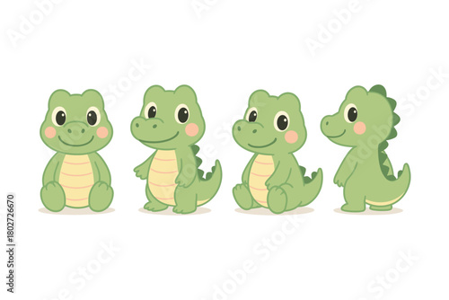 Cute cartoon dinosaur set in various poses featuring adorable green characters with pink cheeks