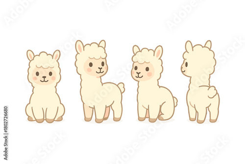 Cute cartoon alpaca designs showcasing various poses in pastel colors