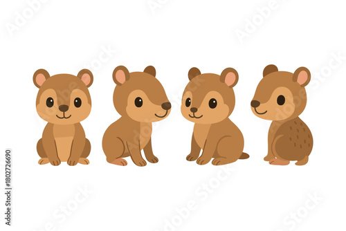 Cute cartoon bear cubs sitting in various poses on white background