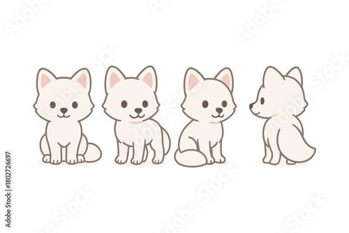Cute cartoon dogs set in minimalist style showing different poses on white background