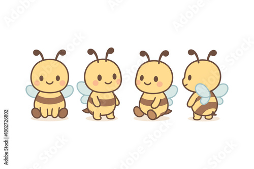 Cute cartoon bees collection in adorable poses with soft colors on white background