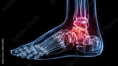 X ray inspired illustration showing human foot structure highlighted ligament injury area modern minimal medical design