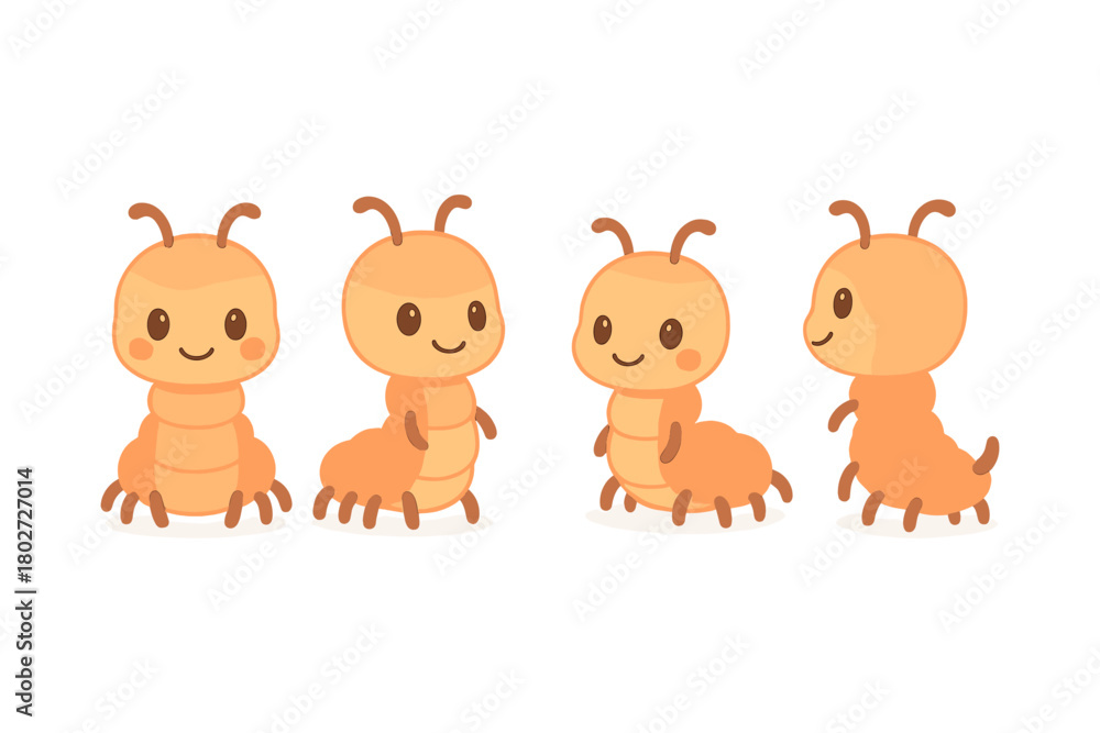 Naklejka premium Cute cartoon caterpillar characters in different poses on a white background