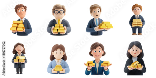 PNG cartoon businessman no bg sample mockup set gold bar and trend concept using for decoration.