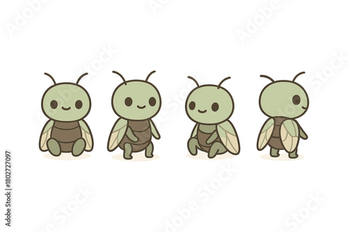 Cute cartoon insects in various poses with soft color palette