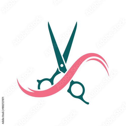 A professional and modern logo illustration featuring crossed teal scissors behind a flowing pink wavy strand of hair symbolizing a salon