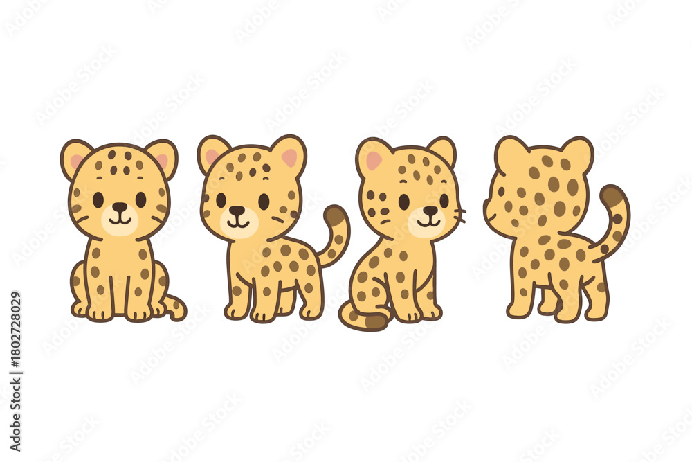 Naklejka premium Cute cartoon cheetah cubs in various poses with simple line style
