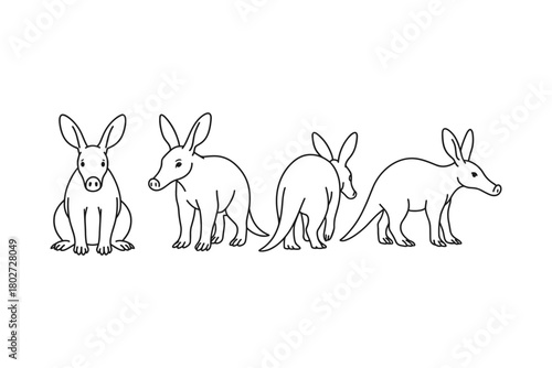 Aardvark in various poses: cute cartoon line art of a nocturnal animal