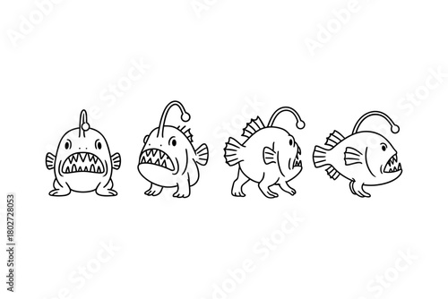 Angler fish cartoon outline set in multiple angles