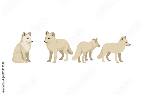 Flat style wolf poses set featuring four wolves in natural beige tones