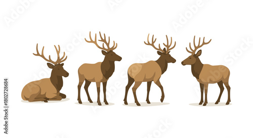 Group of stylized deer with antlers in flat design on white background