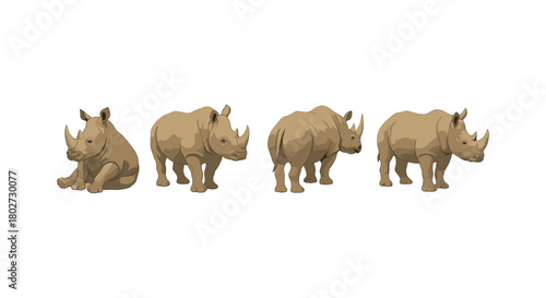 Baby rhino poses collection: set of cute and realistic wildlife designs
