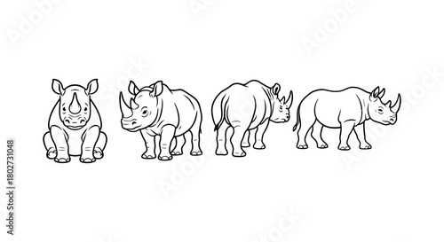 Rhino outlines: four playful rhinoceros poses in line art style