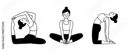 Vector illustration set of women practicing yoga. Line drawing of female characters in different asana isolated on white background. Mermaid Pose, Lotus pose, Camel Pose. 