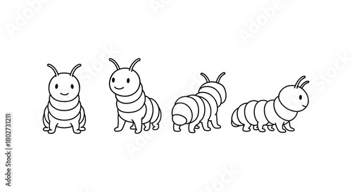 Cute cartoon larvae in various poses on simple white background
