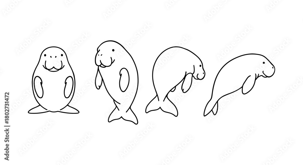 Obraz premium Playful manatee silhouettes in simple black and white line art
