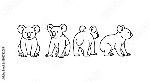 Koala line art: four poses showcasing cute animal from different angles