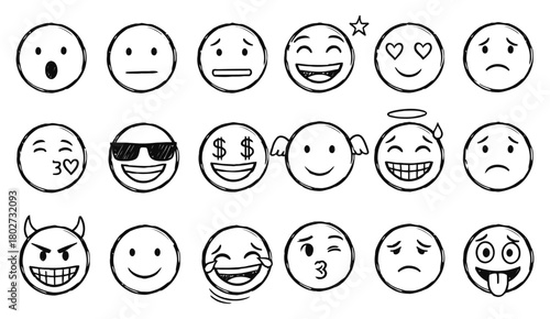 Collection of hand drawn smiley face emoticons expressing various emotions and feelings