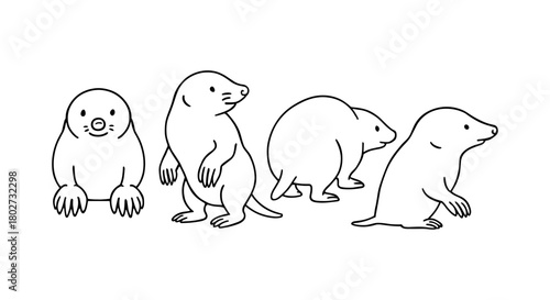 Outline style mole characters in various poses on white background