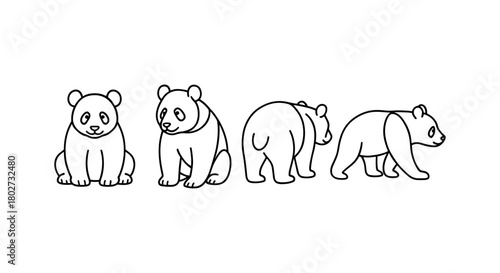 Cute panda outline illustration featuring multiple poses of adorable cubs