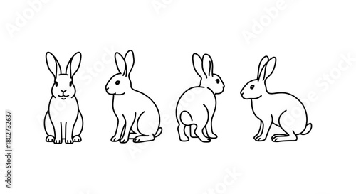 Simple line art of rabbits in various poses on white background