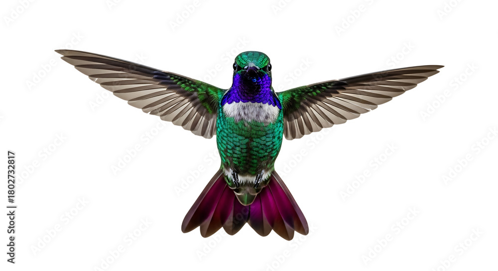 Fototapeta premium A vibrantly colored hummingbird with iridescent green plumage and purple throat hovers with wings spread wide, isolated on a transparent background, cutout, PNG