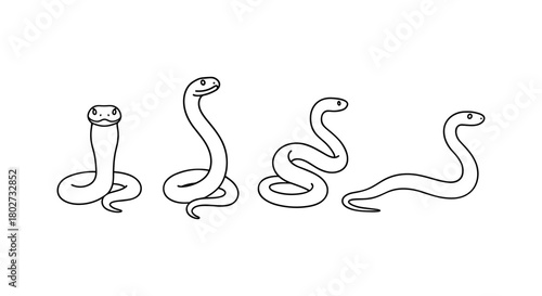 Simple smiling snakes in minimalist black and white line art style